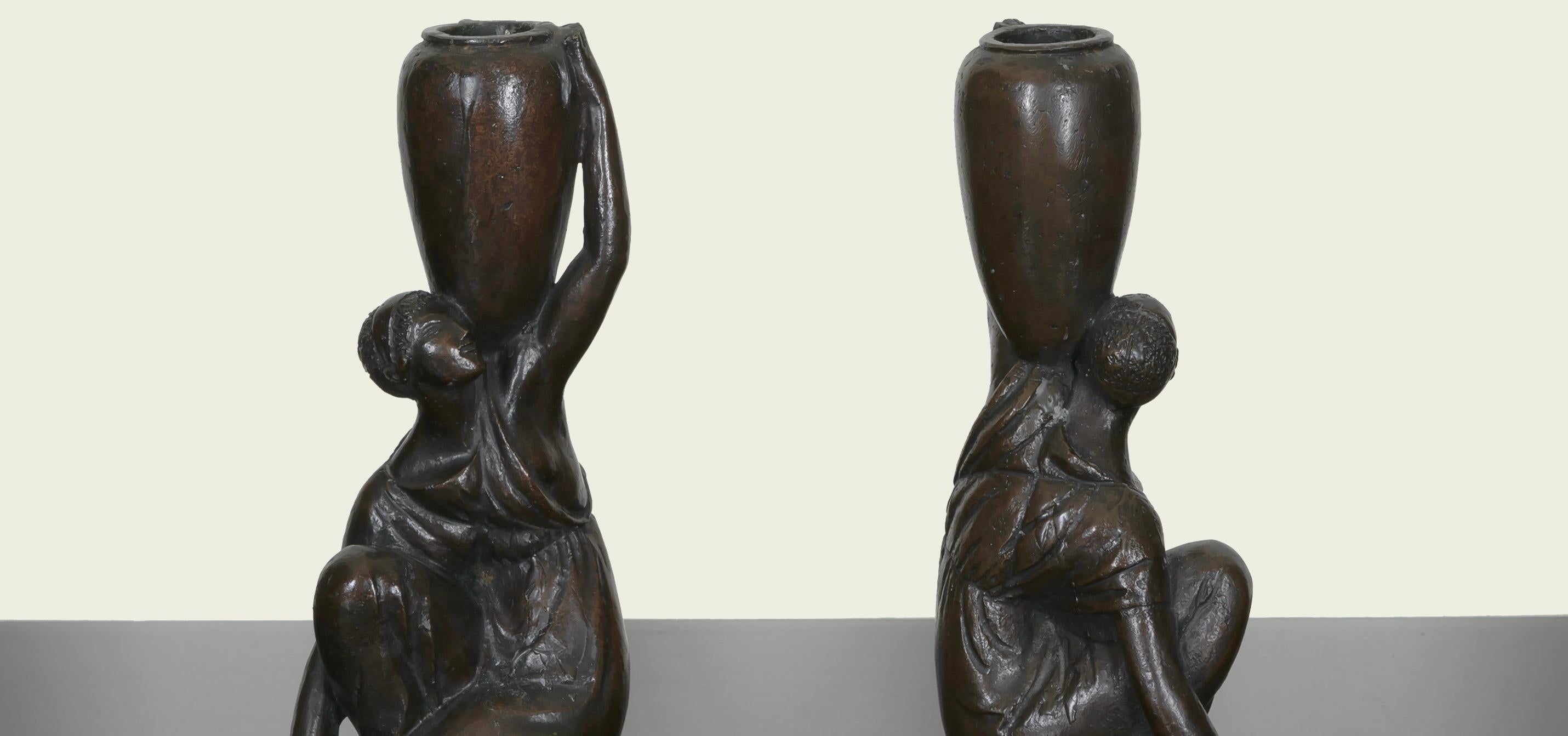 Two Sculptural Bronze Candlesticks by Cecil de Blaquiere Howard, Dated 1919 In Excellent Condition For Sale In New York, NY