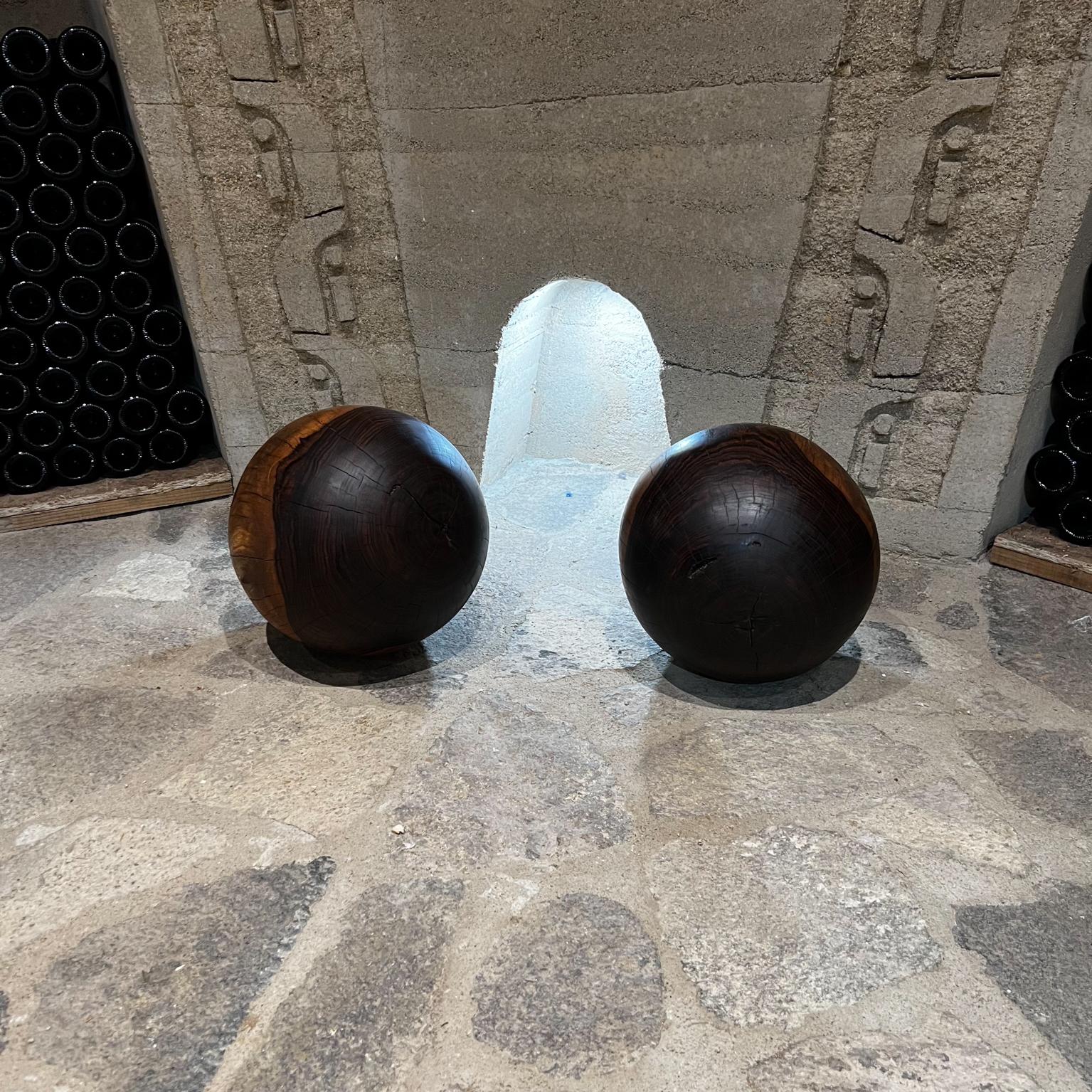 Two Sculptural Modern Art Spheres Exotic Bocote Wood Balls from Mexico
Exquisitely textured wood grain.
Size: 11.5 tall x 12 approximately variation to 11.5 to 13
Original vintage unrestored condition.
Refer to images listed.