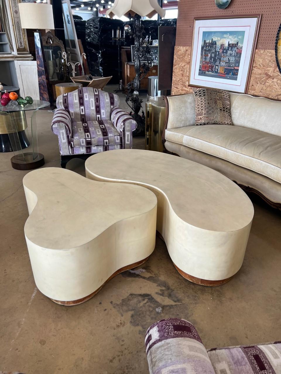 Goatskin Two Sculptural Parchment Coffee Tables For Sale