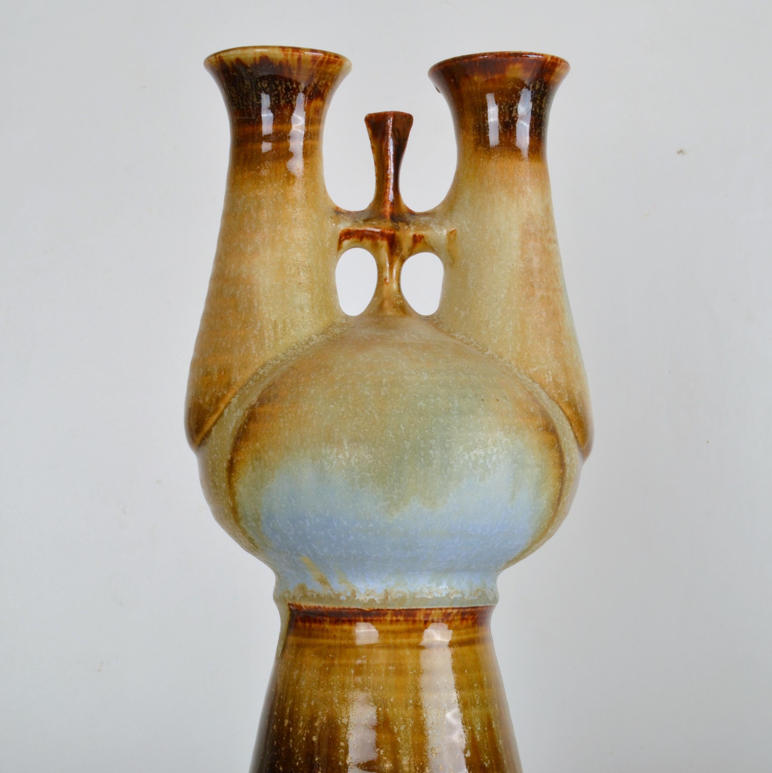 Two Sculptural Tall Studio Pottery Vases in Blue and Brown In Excellent Condition For Sale In London, GB