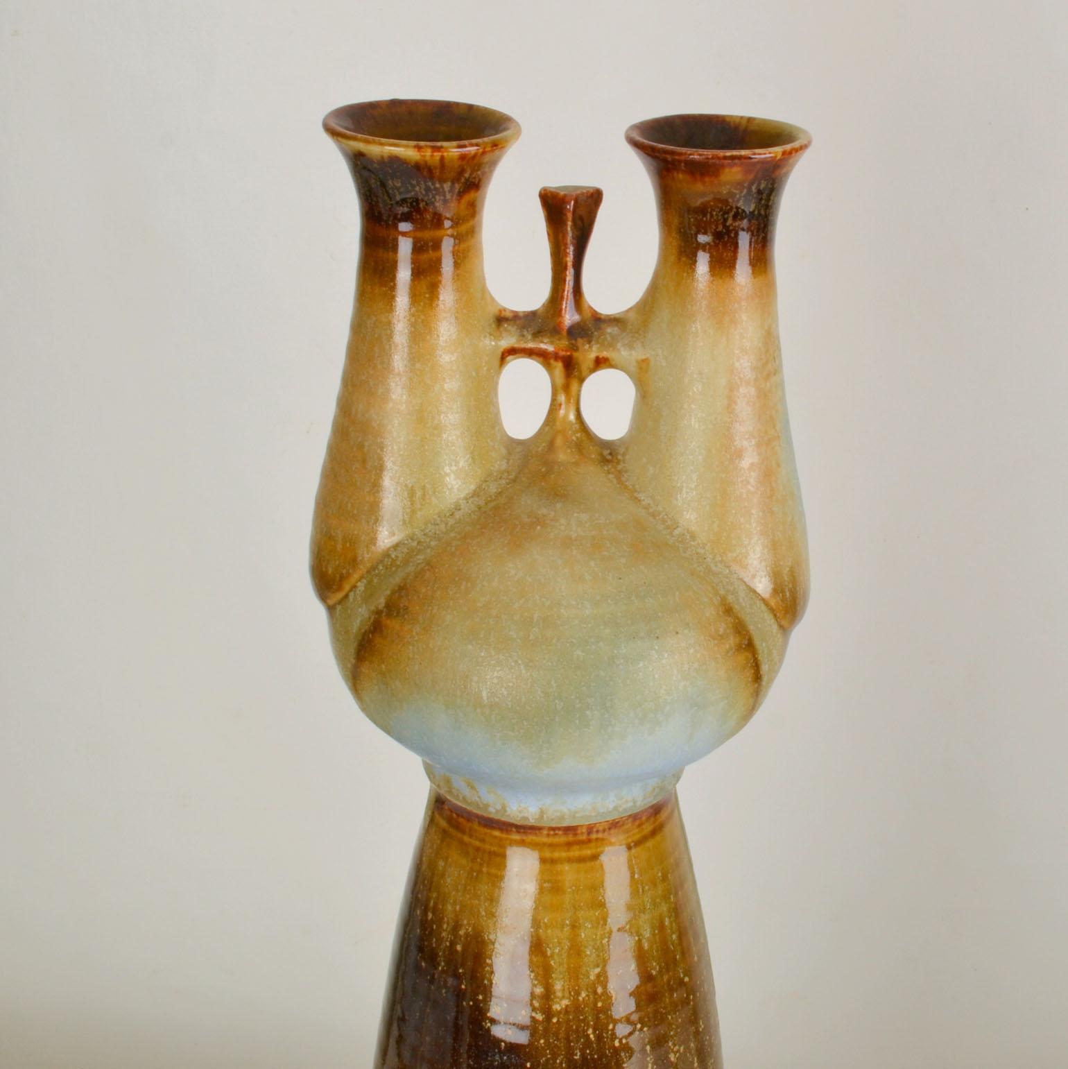 Late 20th Century Two Sculptural Tall Studio Pottery Vases in Blue and Brown For Sale