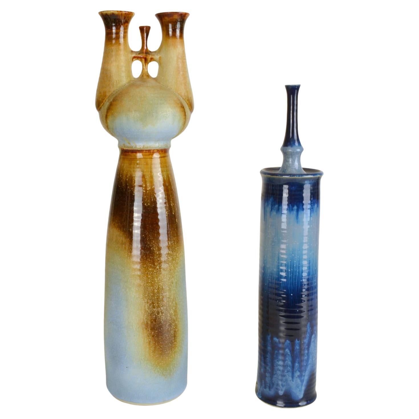 Two Sculptural Tall Studio Pottery Vases in Blue and Brown For Sale