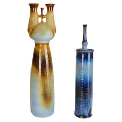 Vintage Two Sculptural Tall Studio Pottery Vases in Blue and Brown