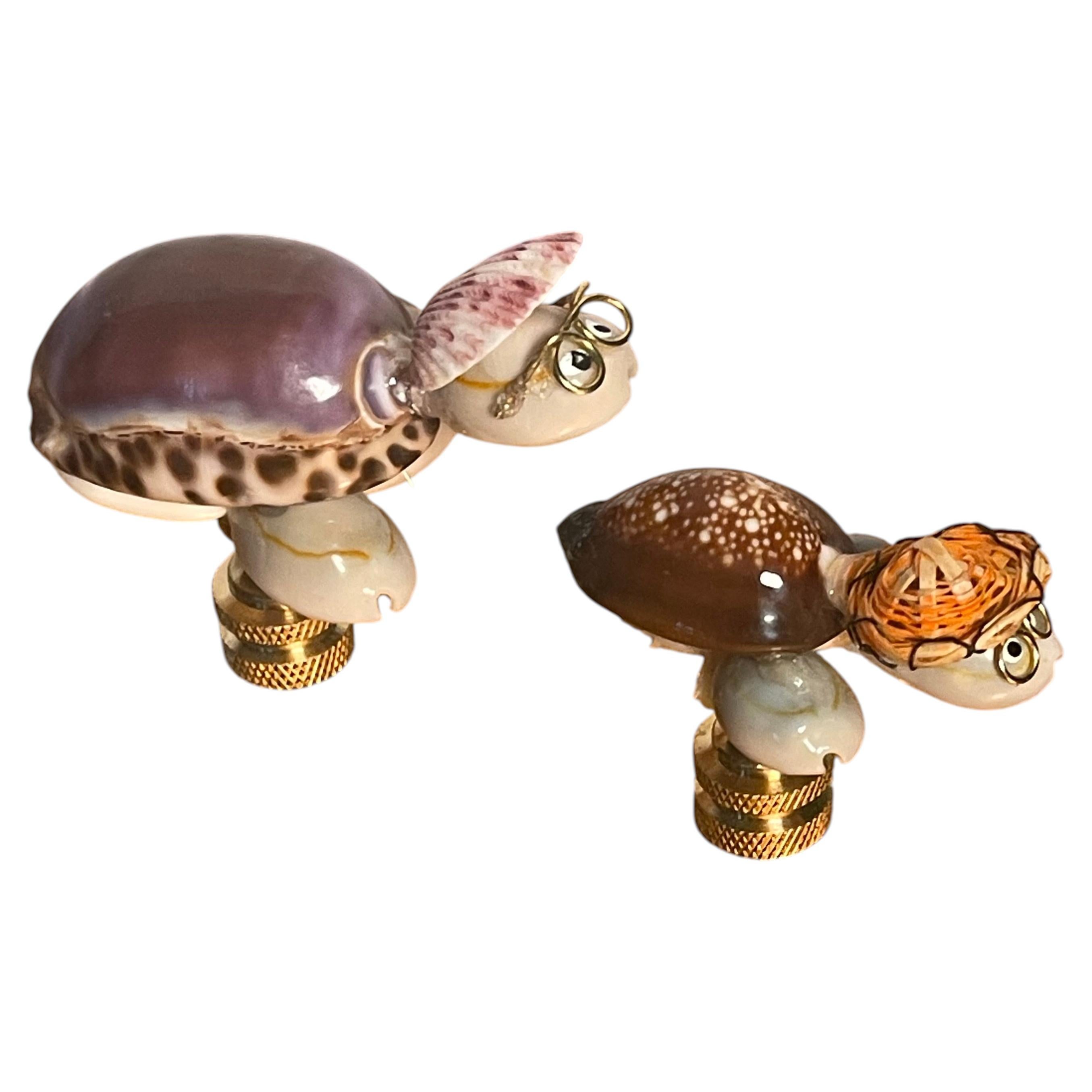 Two Sea Shell Turtle Figurines as Lamp Finials For Sale