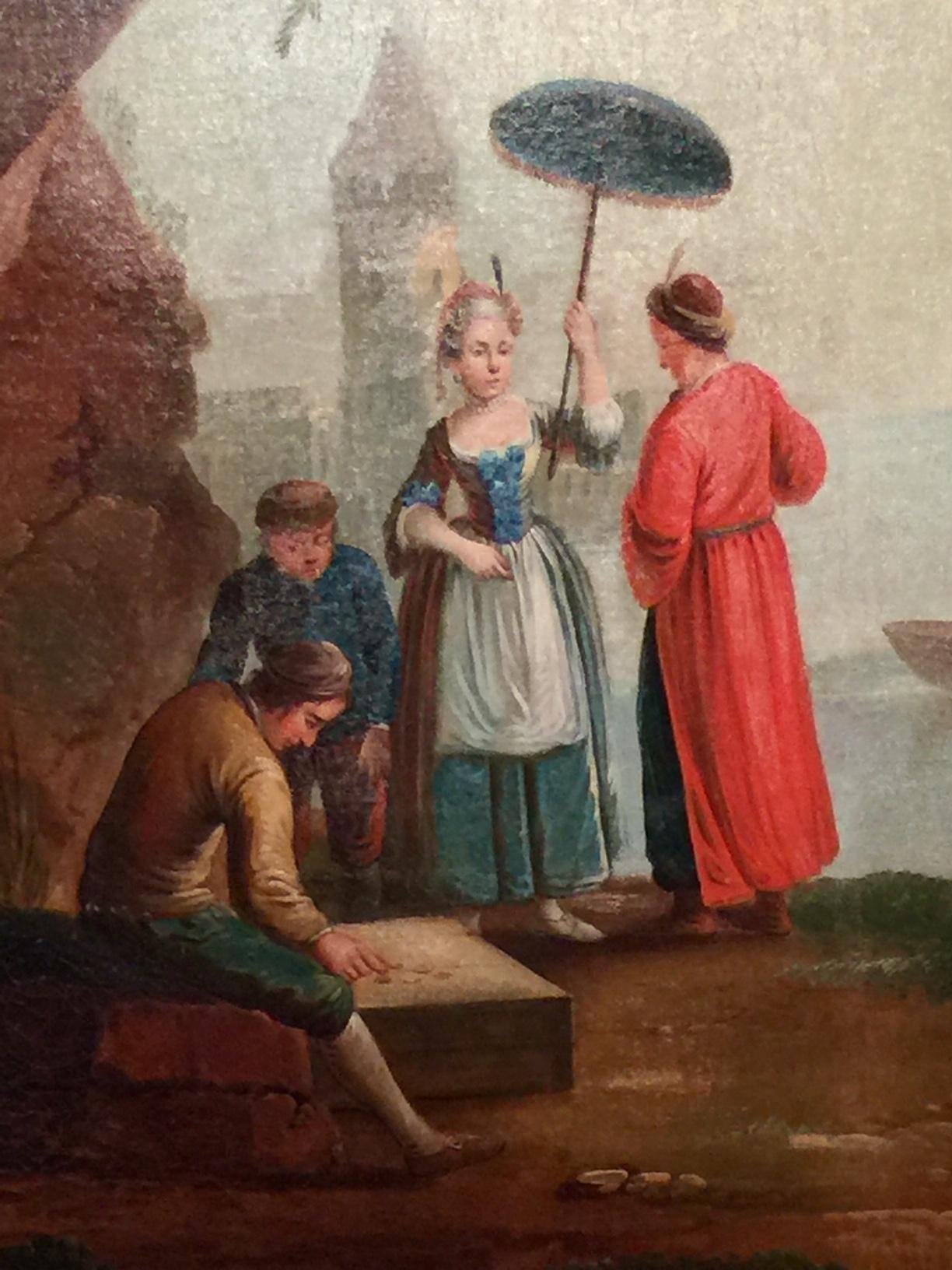 Sehr dekoratives und schönes, großes Gemäldepaar mit von der Chinoiserie inspirierten Bildern, die von asiatisch und maurisch gekleideten Figuren bevölkert sind:
Männer beim Entladen von Holzfässern am Flussufer, Mann mit Turban;
Frau mit