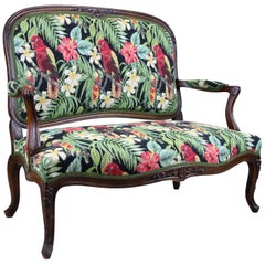 Two-Seat Bench with Tropical Theme Fabric, Austria, circa 1890