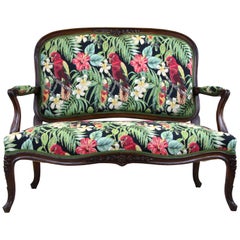 Two-Seat Bench with Tropical Theme Fabric, Austria, circa 1890