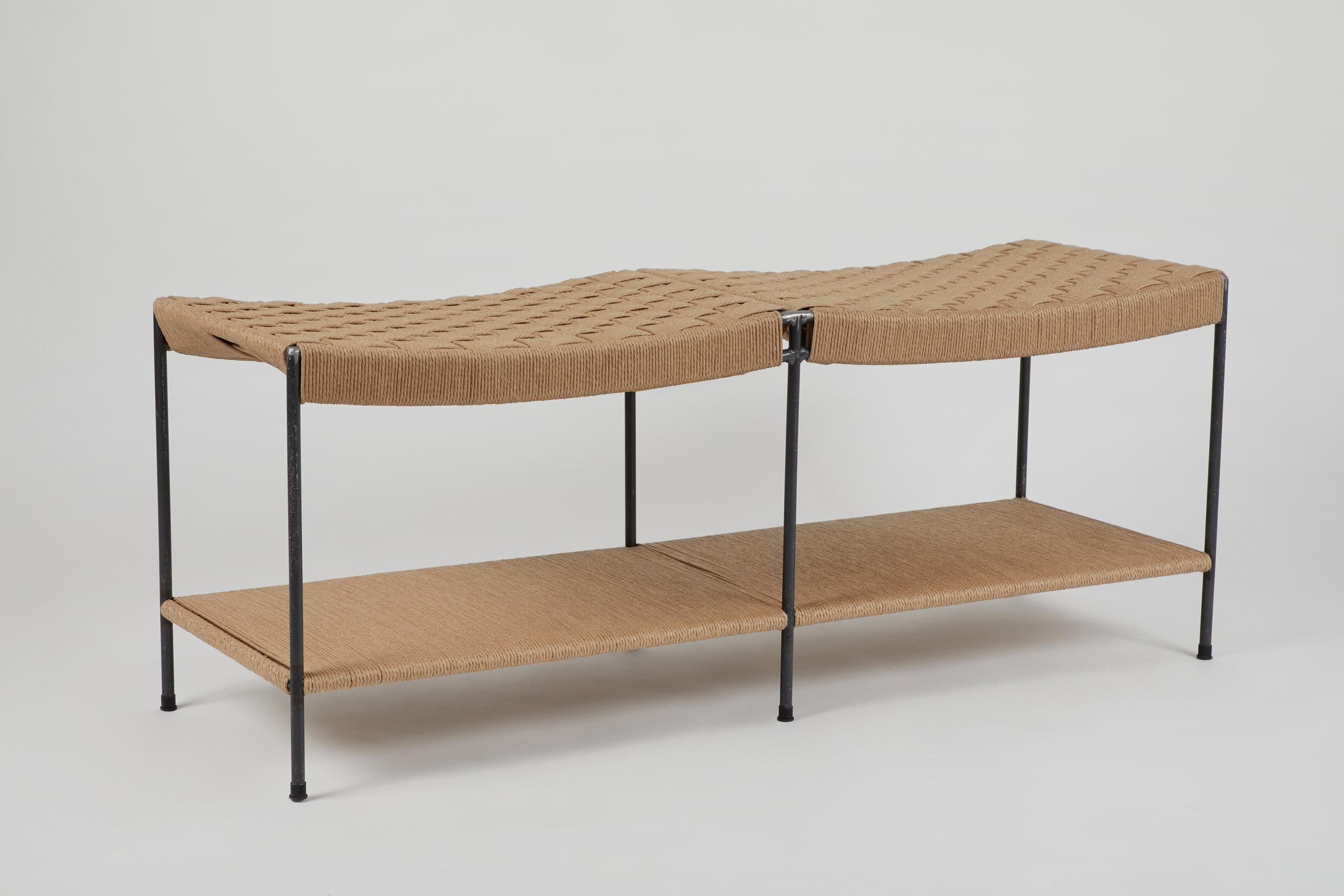 Modern Two Seat Double Rail Grid-Weave Danish Cord Bench with Shelf For Sale
