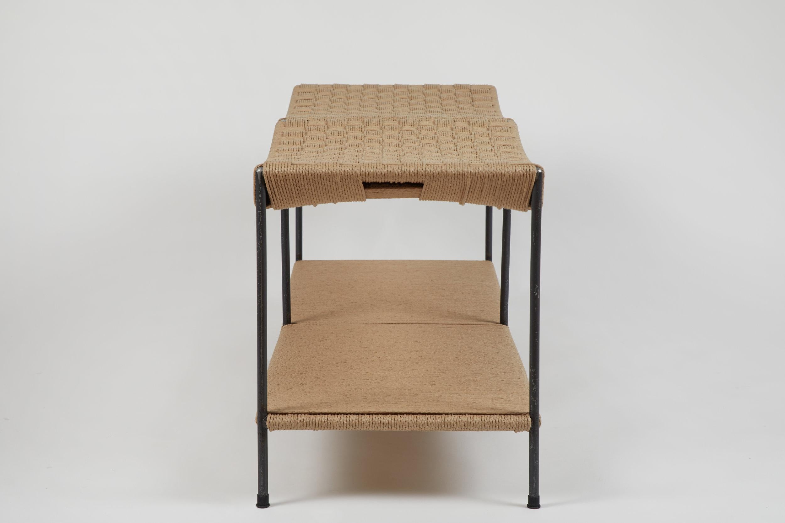 American Two Seat Double Rail Grid-Weave Danish Cord Bench with Shelf For Sale