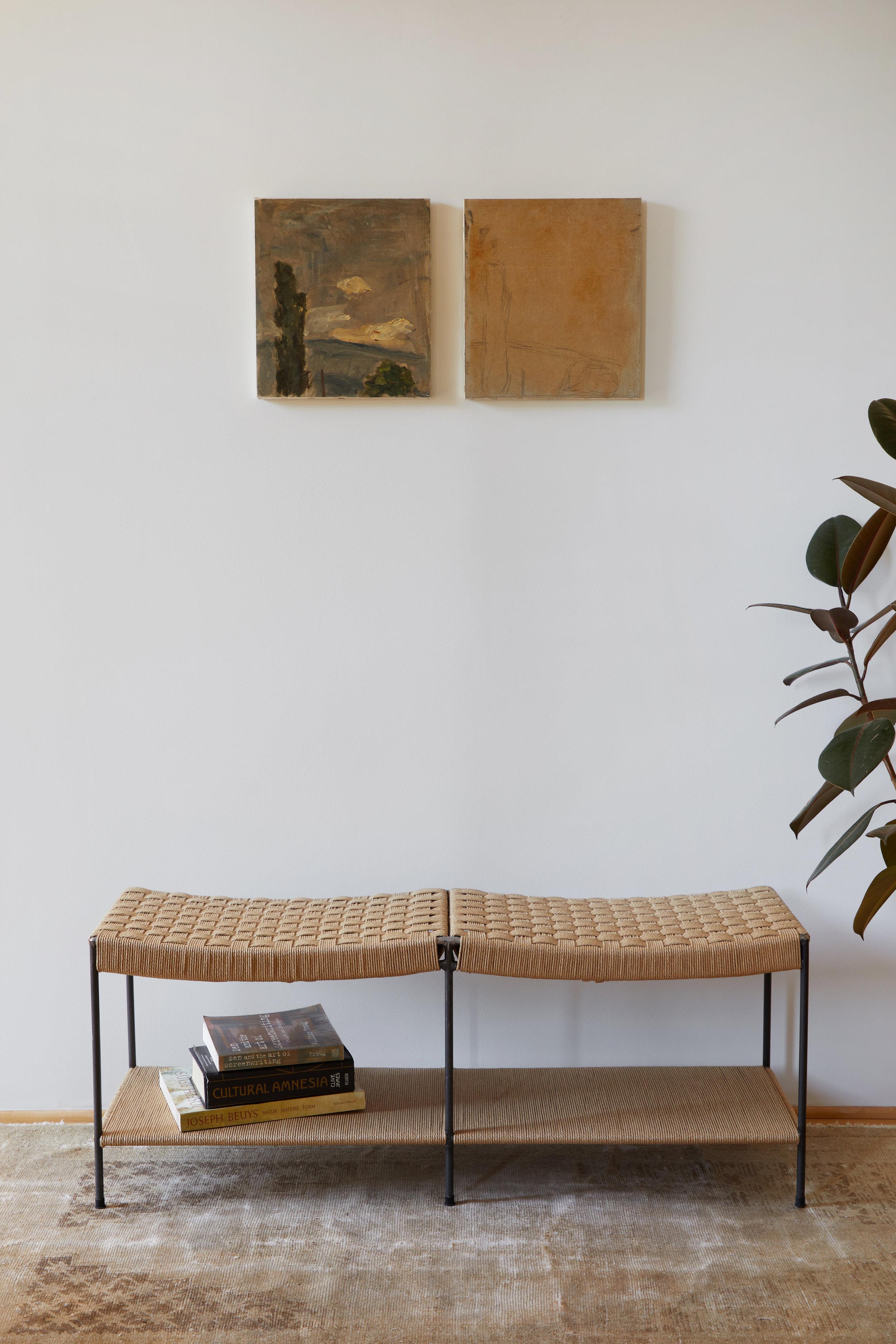 Woven Two Seat Double Rail Grid-Weave Danish Cord Bench with Shelf For Sale