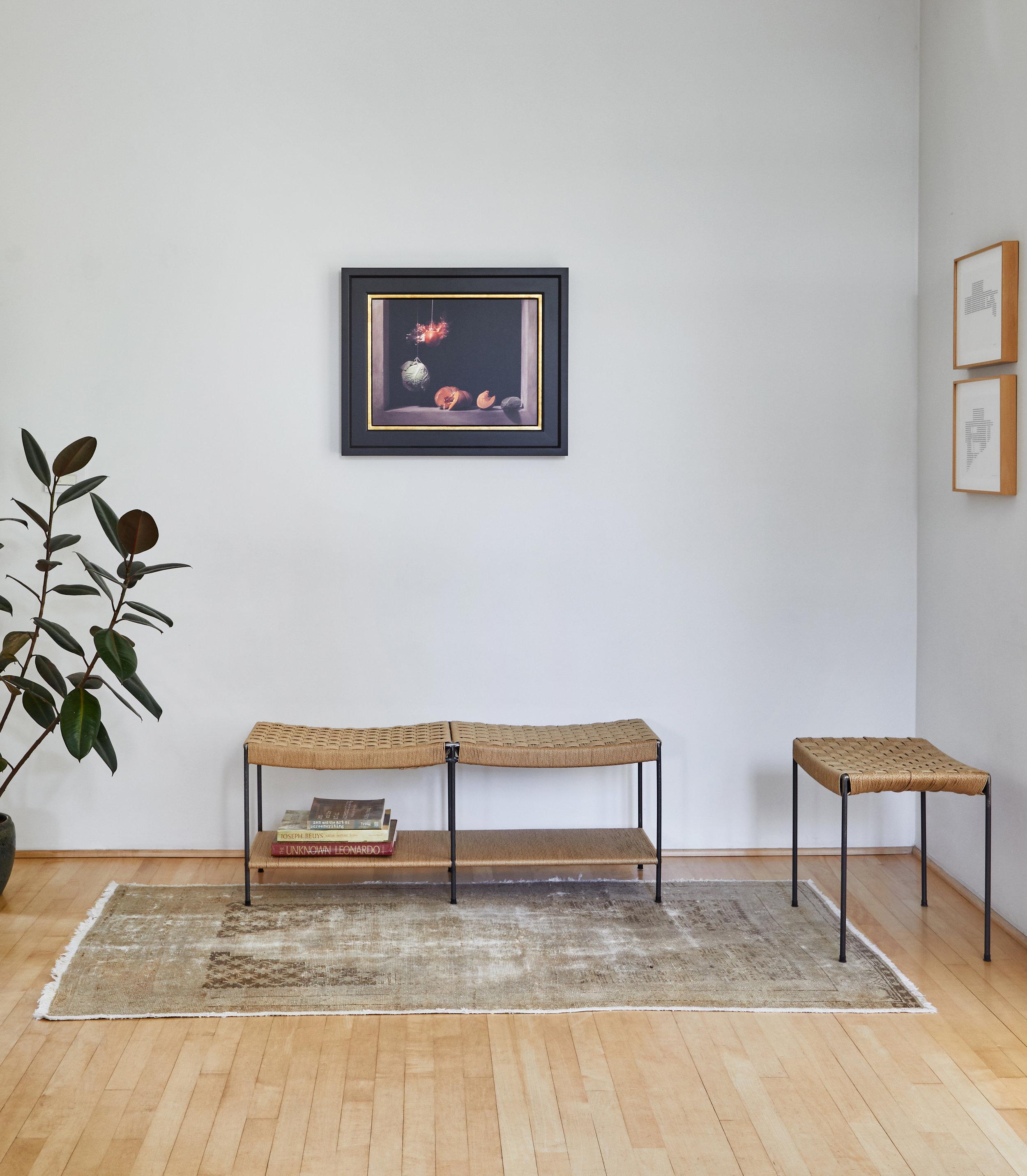 Two Seat Double Rail Grid-Weave Danish Cord Bench with Shelf In New Condition For Sale In Venice, CA