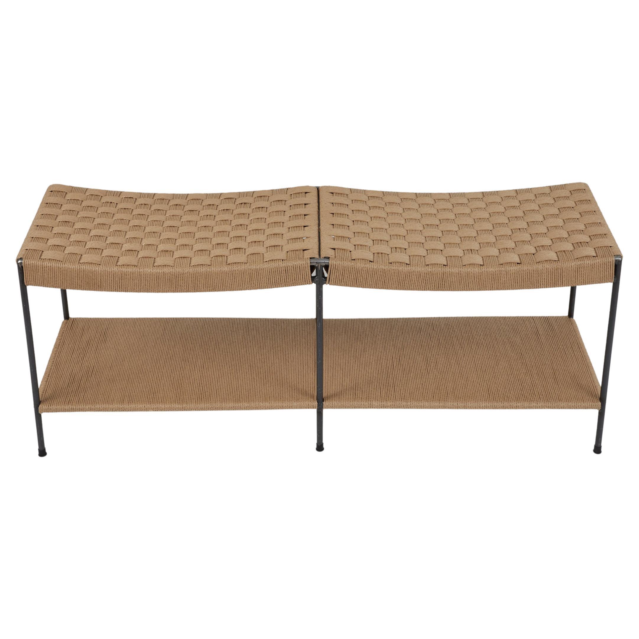 Two Seat Double Rail Grid-Weave Danish Cord Bench with Shelf