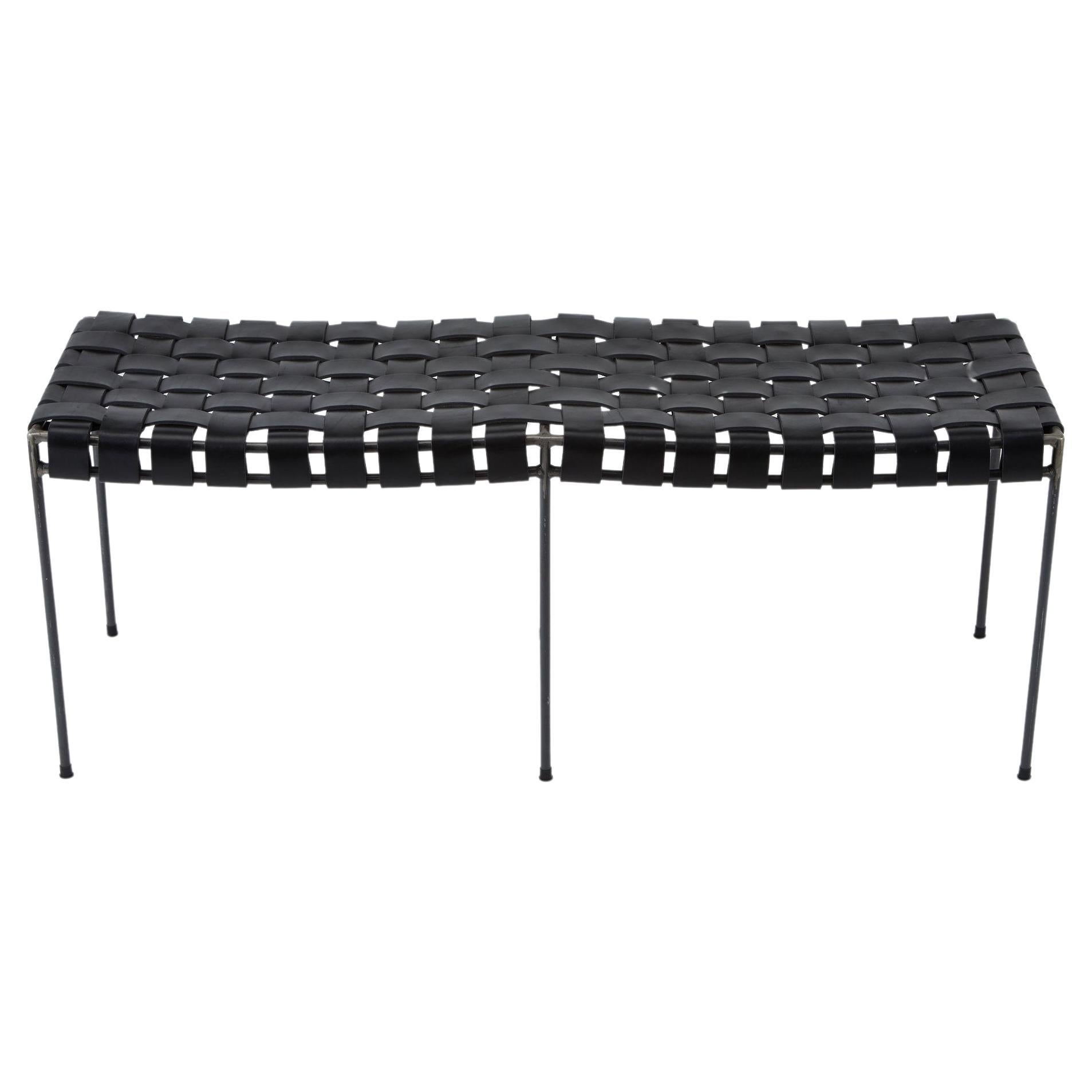 Two Seat Double Rail Handwoven Black Leather Bench