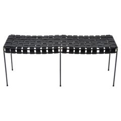 Two Seat Double Rail Handwoven Black Leather Bench