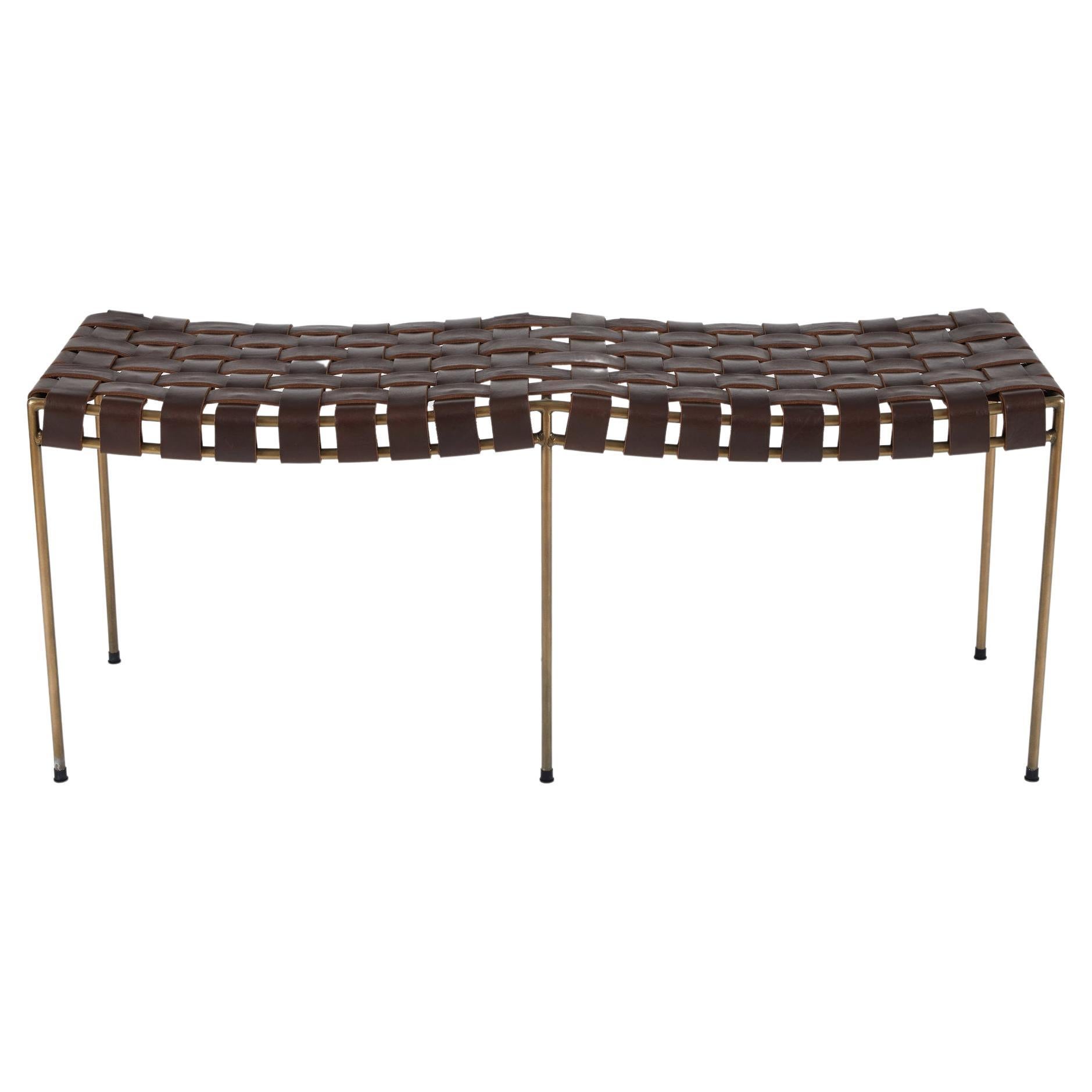 Two Seat Double Rail Handwoven Chocolate Leather Bench