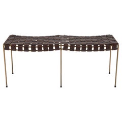 Two Seat Double Rail Handwoven Chocolate Leather Bench