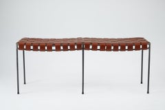 Two Seat Double Rail Handwoven Cognac Leather Bench