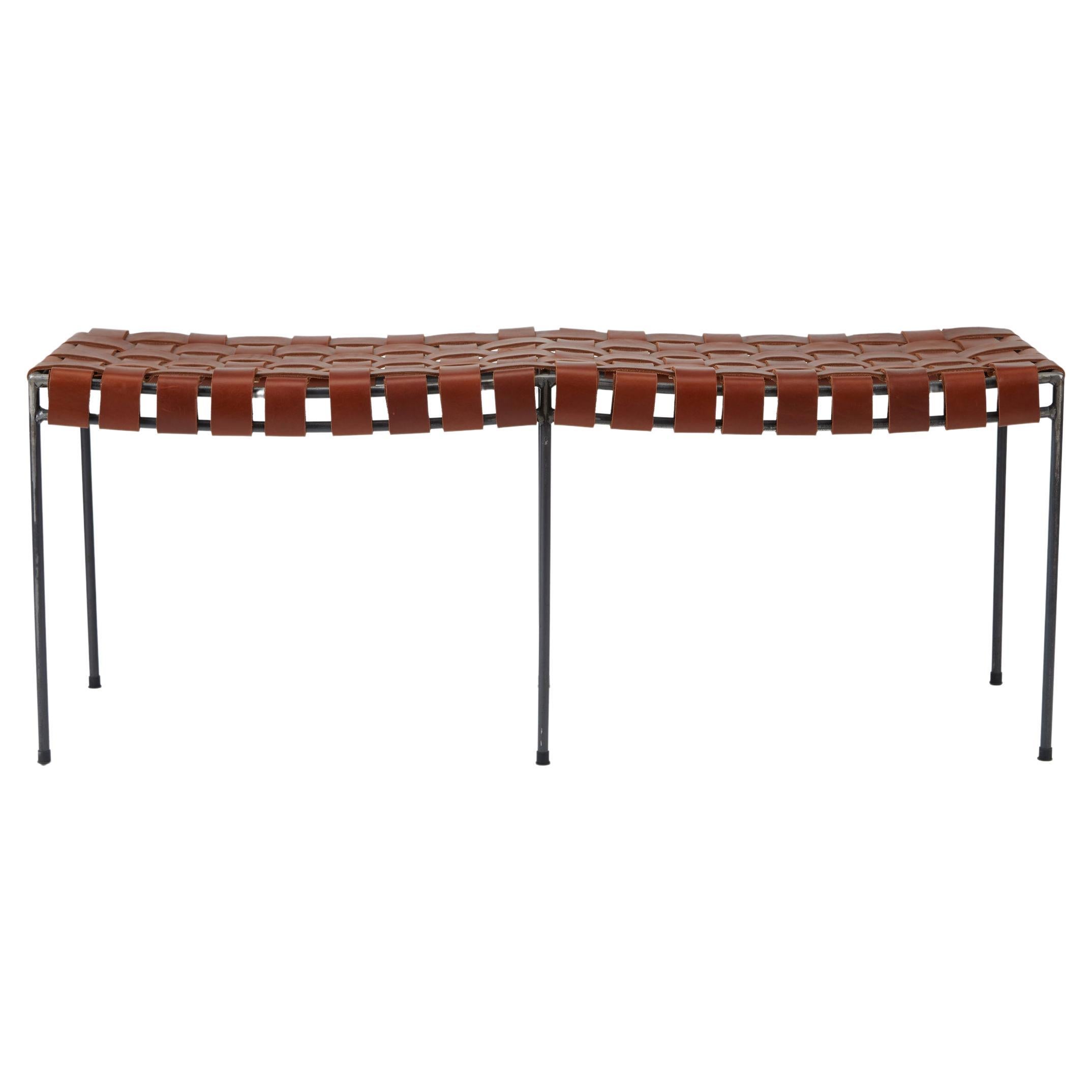 Two Seat Double Rail Handwoven Cognac Leather Bench