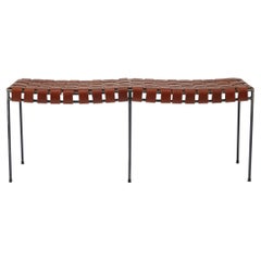 Two Seat Double Rail Handwoven Cognac Leather Bench