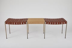 Two Seat Double Rail Woven Leather Bench with Handwoven Rush Table