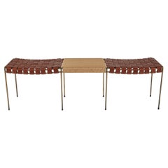Two Seat Double Rail Woven Leather Bench with Handwoven Rush Table