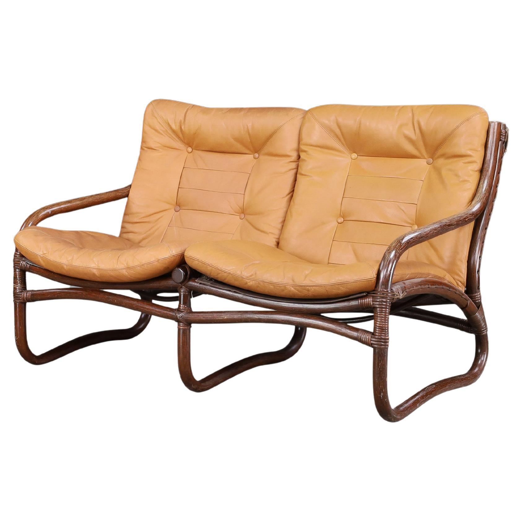 Two-Seat “Ecco” Loveseat by Slettvoll in Cognac Leather and Rattan, Norway 1970s