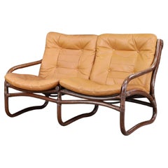 Poltrona a due posti "Ecco" di Slettvoll in pelle cognac e rattan, Norvegia anni '70