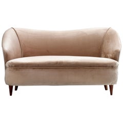 Vintage Two-Seat Love Sofa in Velvet and Oak, Italy, 1950s