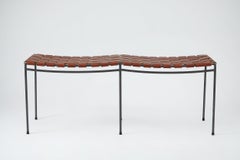 Two Seat Single Rail Handwoven Cognac Leather Bench