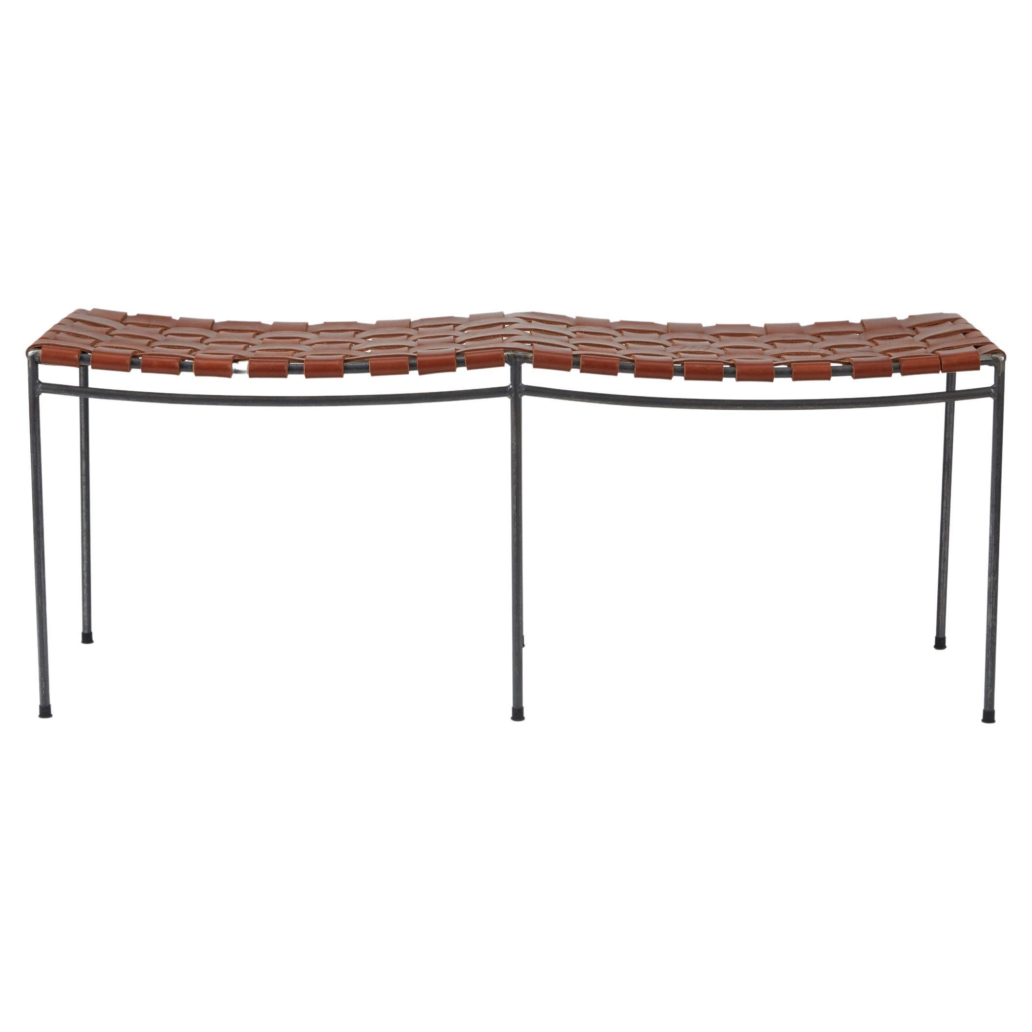 Two Seat Single Rail Handwoven Cognac Leather Bench