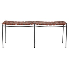 Two Seat Single Rail Handwoven Cognac Leather Bench