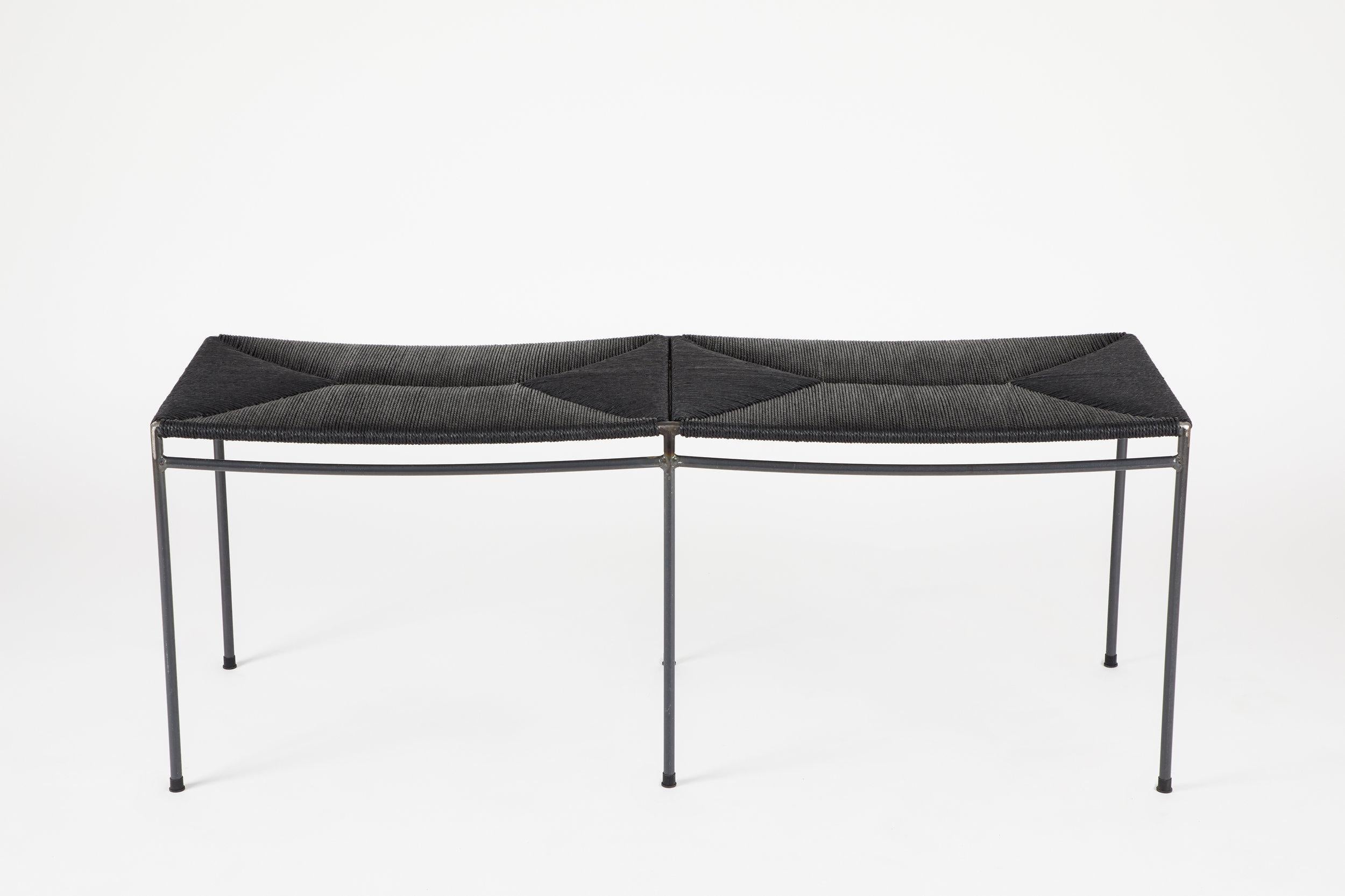 Modern Two Seat Single Rail Handwoven Danish Cord Bench For Sale