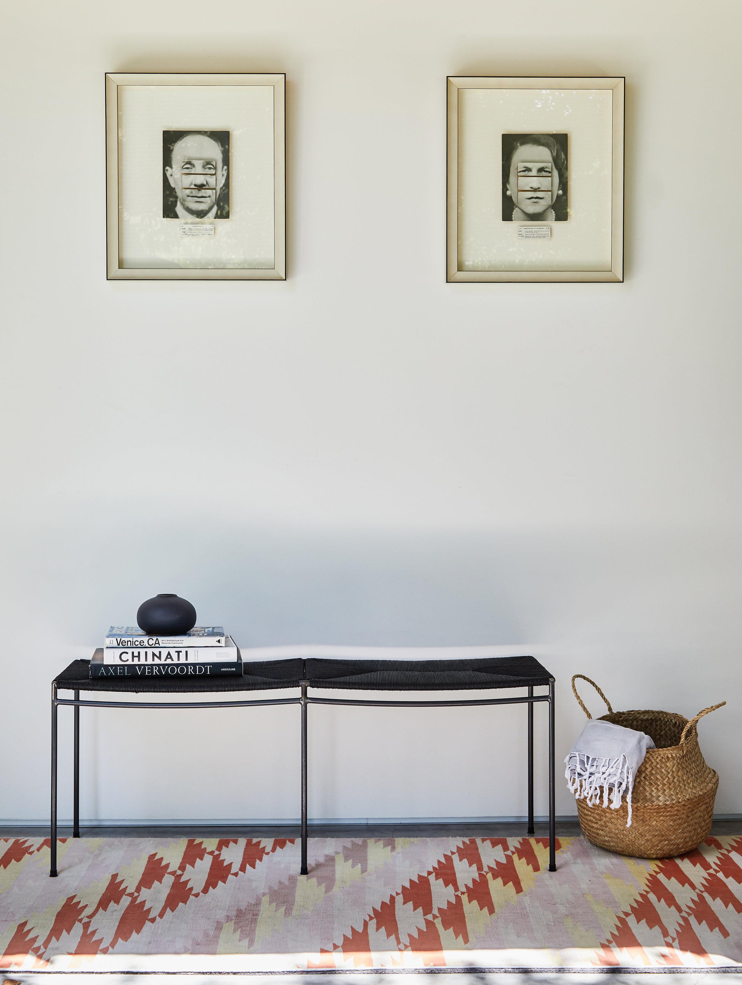 Steel Two Seat Single Rail Handwoven Danish Cord Bench For Sale