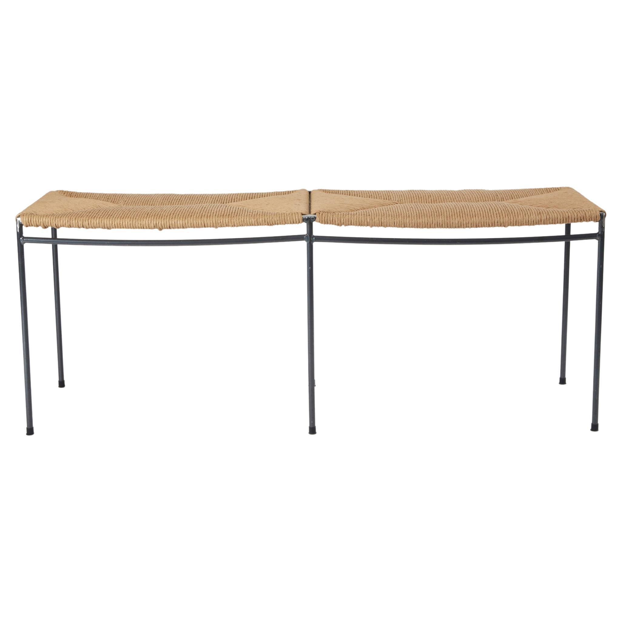 Two Seat Single Rail Handwoven Rush Bench - Brushed Nickel Plating