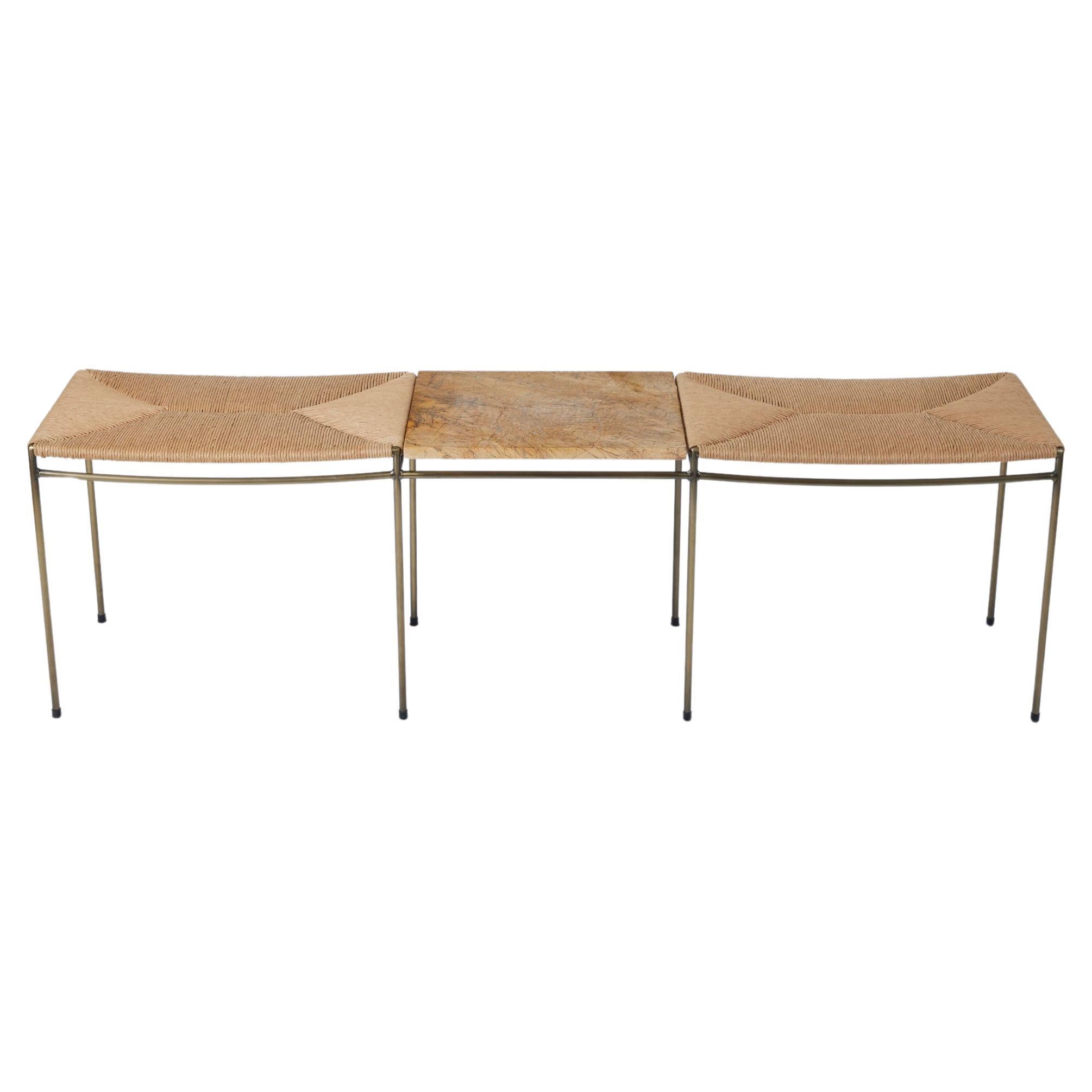 Two Seat Single Rail Handwoven Rush Bench with Marble Table