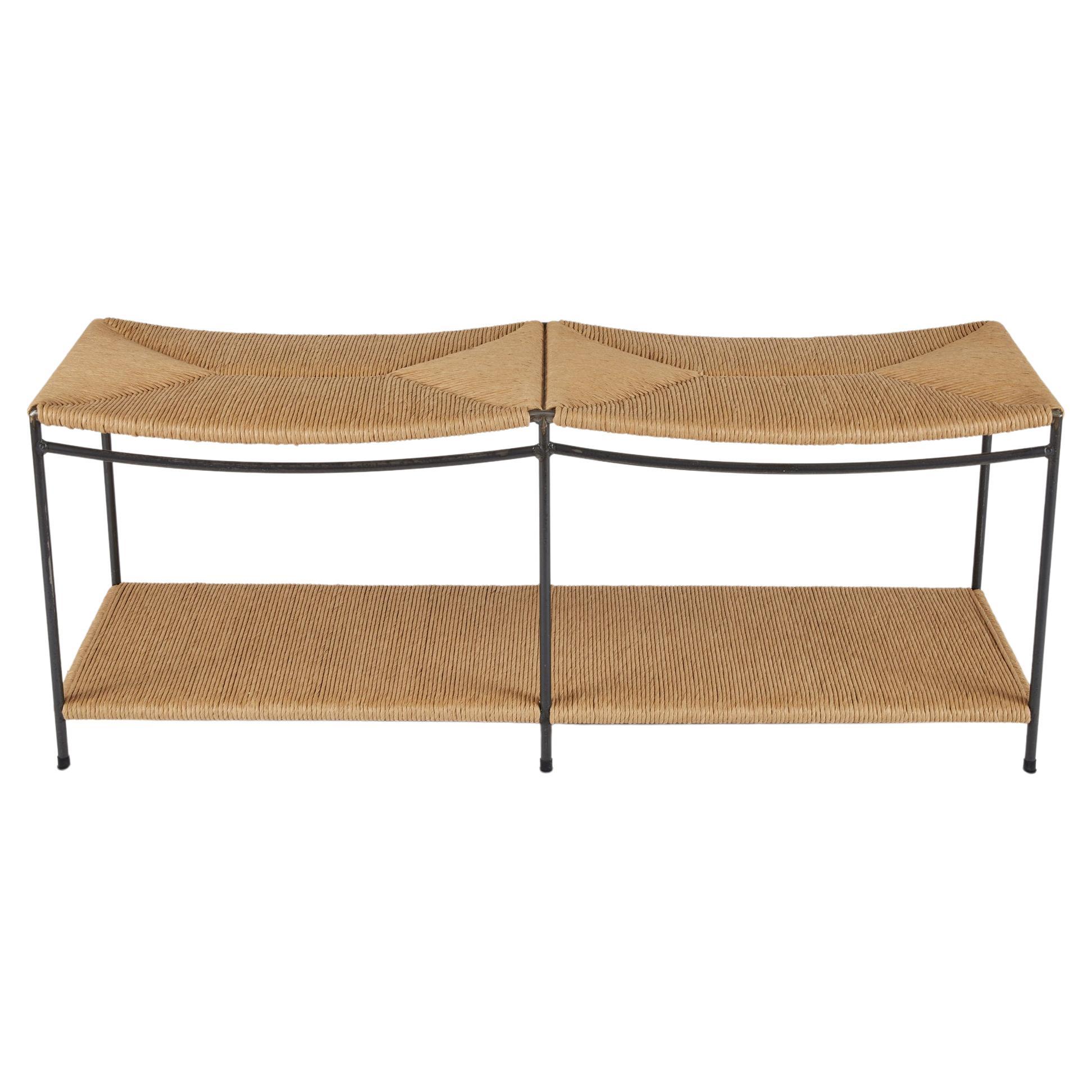 Two Seat Single Rail Handwoven Rush Bench with Shelf
