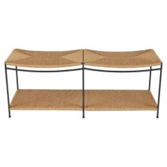 Two Seat Single Rail Handwoven Rush Bench with Shelf