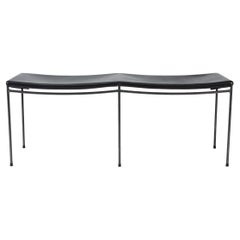 Two Seat Single Rail Solid Black Leather Bench