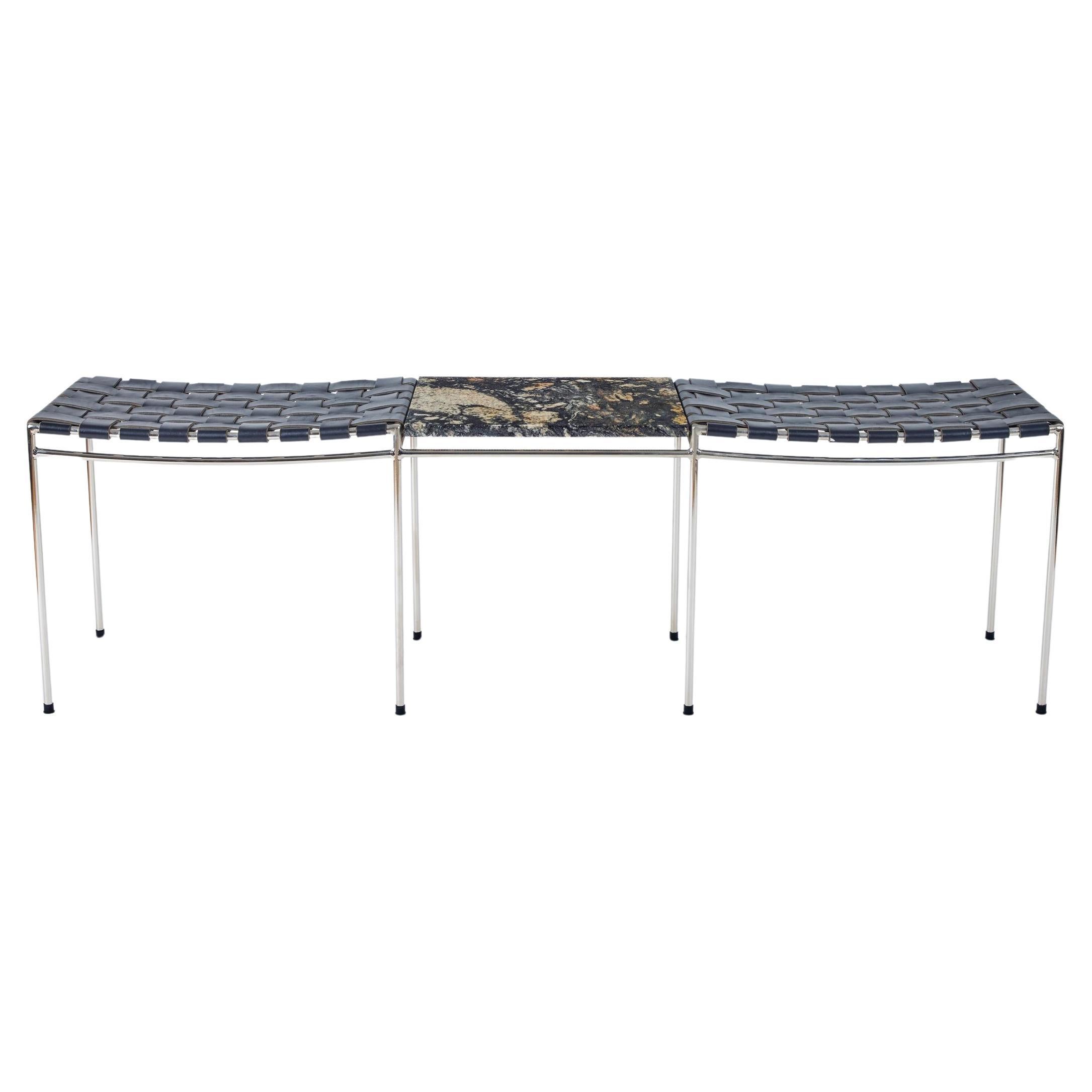 Two Seat Single Rail Woven Leather Bench with Marble Table
