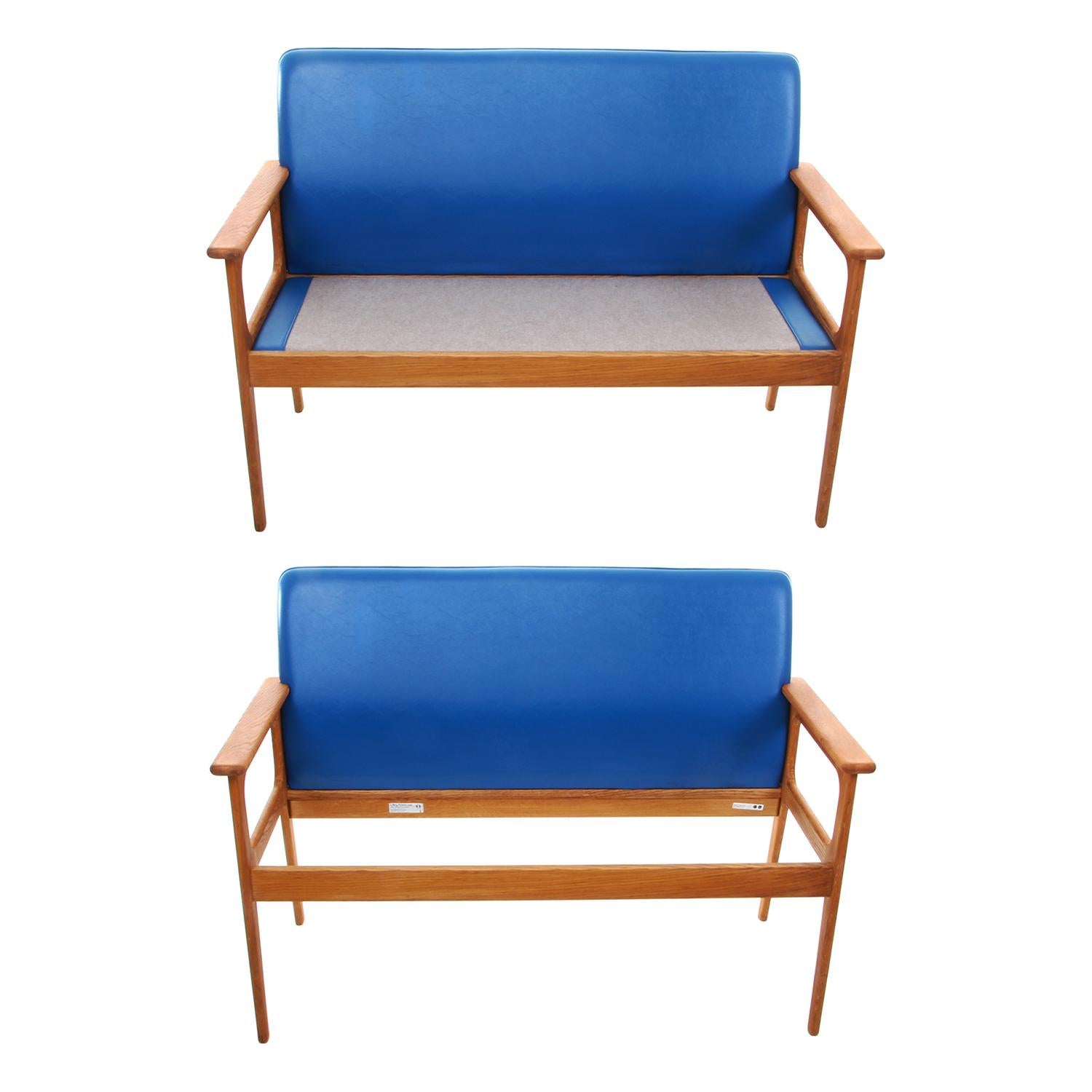 Two-Seat Sofa by Erik Buch 1970s Oil-Treated Oak Couch with Clear Blue Upholster 1