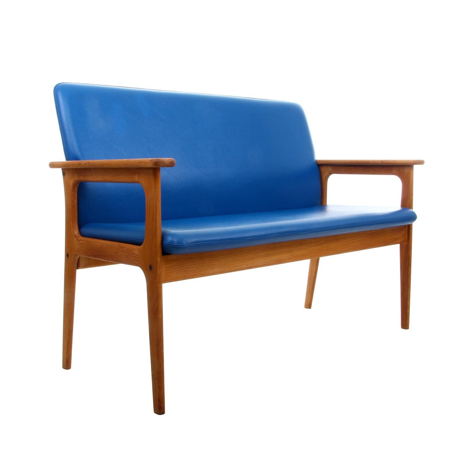 Two-Seat Sofa by Erik Buch 1970s Oil-Treated Oak Couch with Clear Blue Upholster