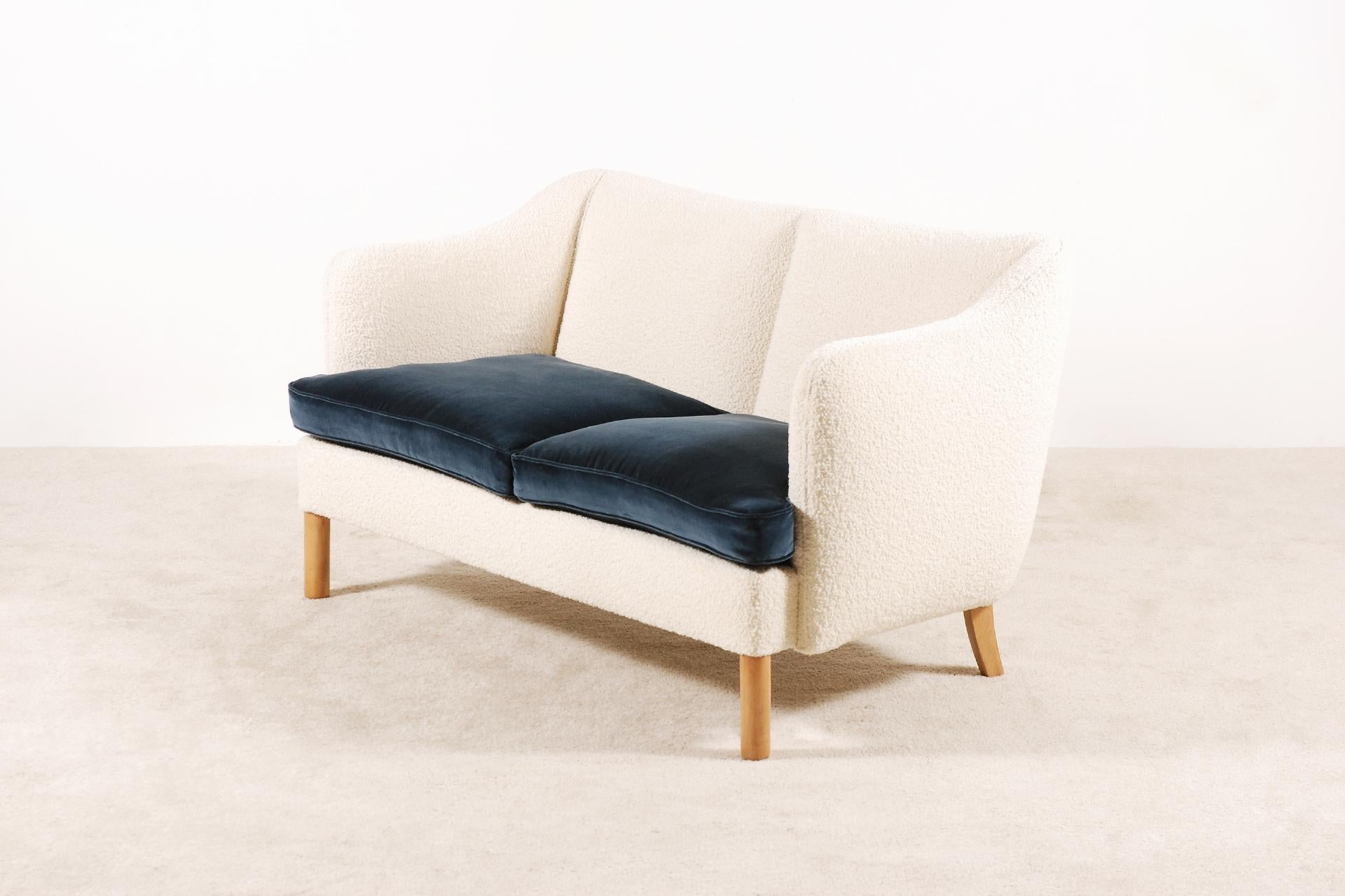 Scandinavian Modern Two-Seat Sofa, Denmark, 1950, New Upholstery Bouclé Fabric For Sale