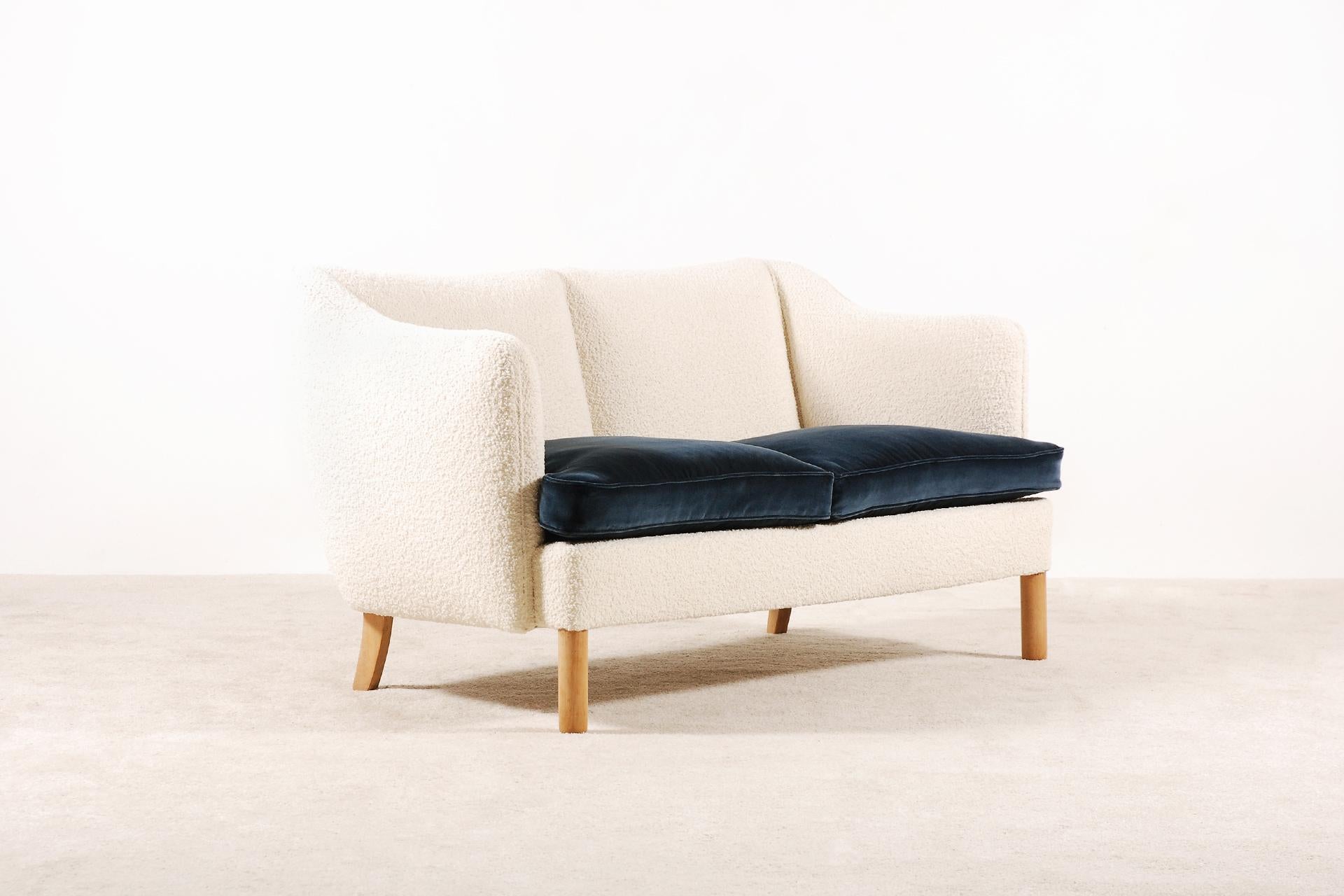 Danish Two-Seat Sofa, Denmark, 1950, New Upholstery Bouclé Fabric For Sale