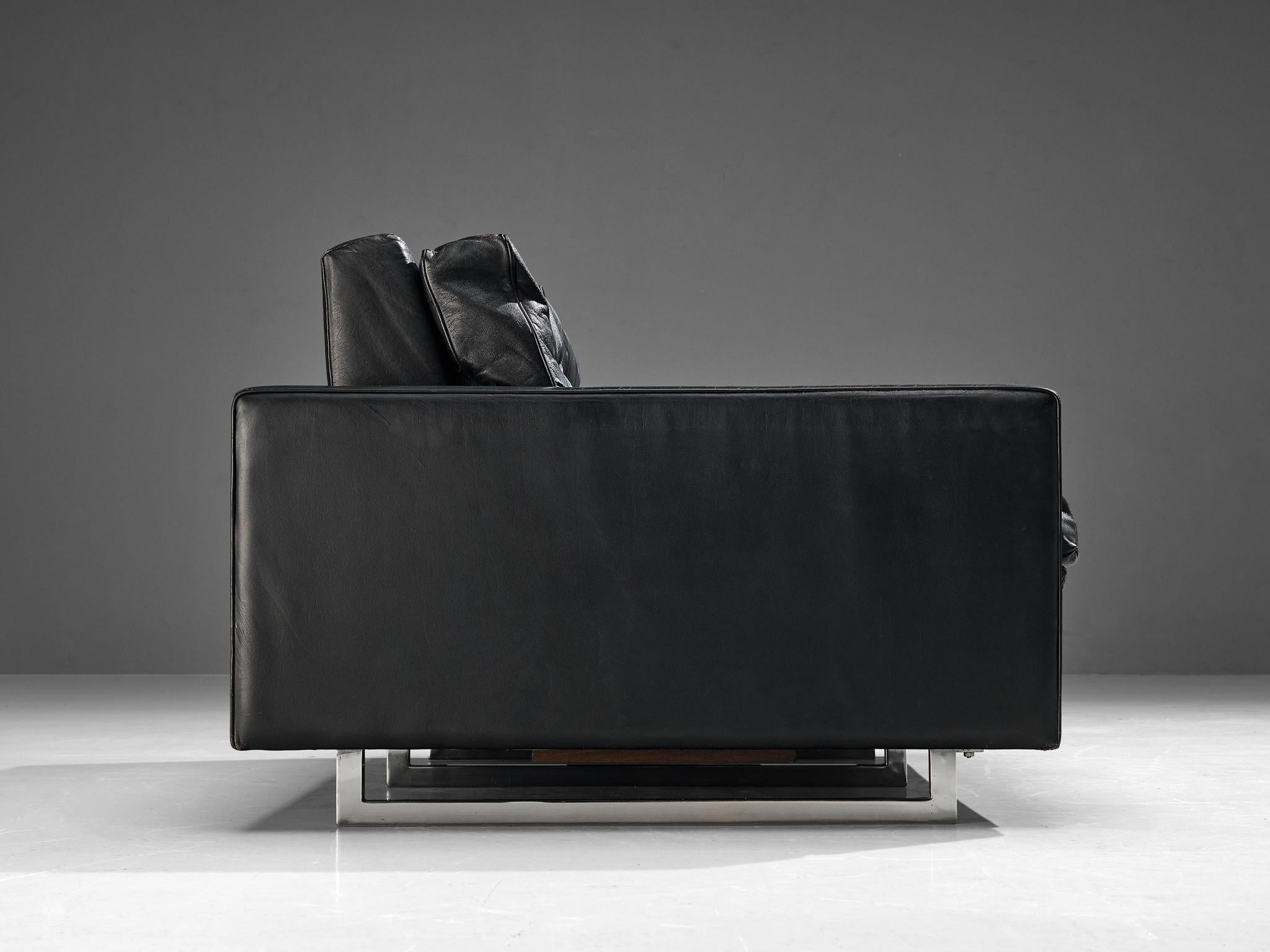Mid-20th Century Two Seat Sofa in Black Leather For Sale