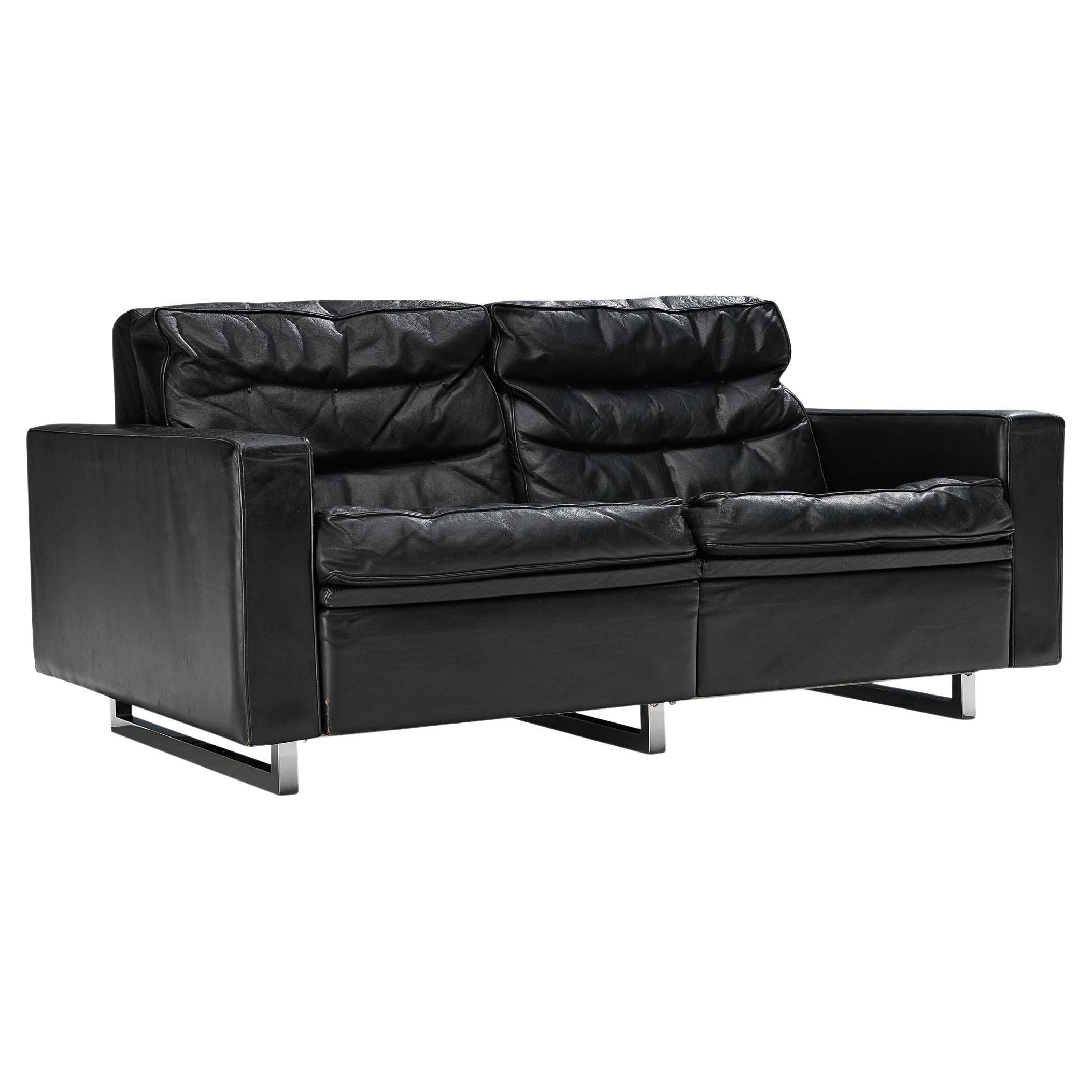 Sleek Black Leather Sofa at 1stDibs