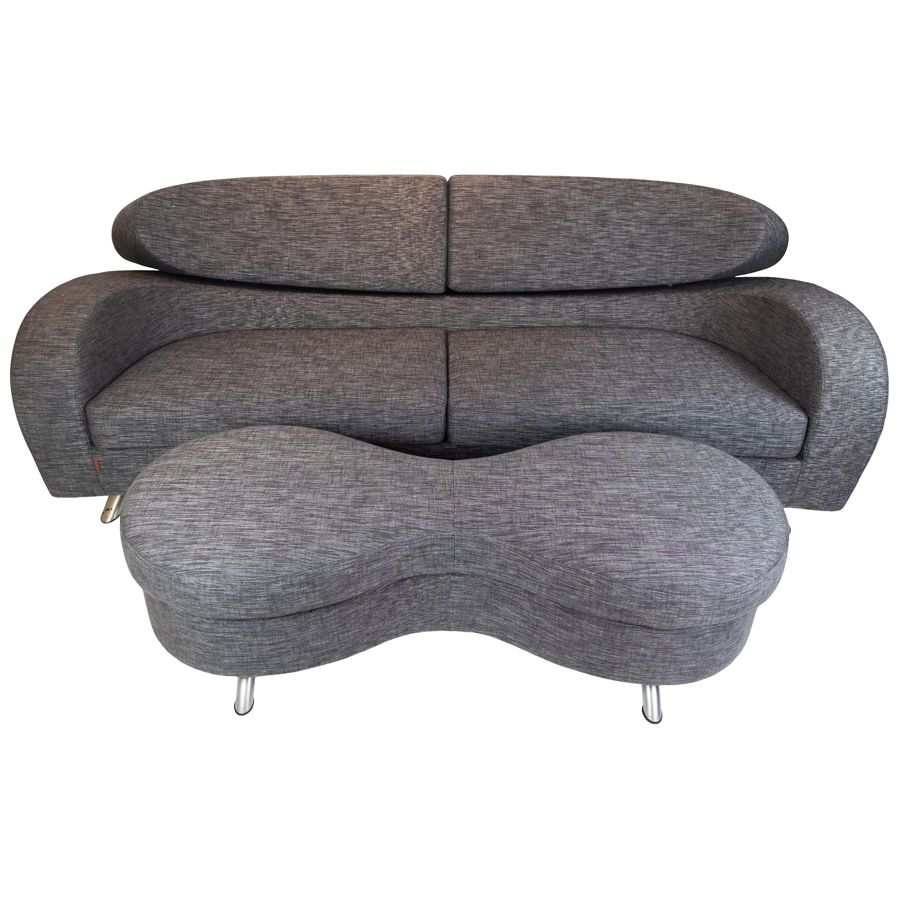 Two-Seat Sofa of Grey Wool Fabric with Stool by the Norwegian Brand Brunstad