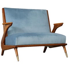 Two-Seat Sofa Stained Wood Brass Springs Velvet Argentine, 1950s
