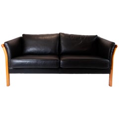 Two-Seat Sofa Upholstered with Black Leather and of Danish Design