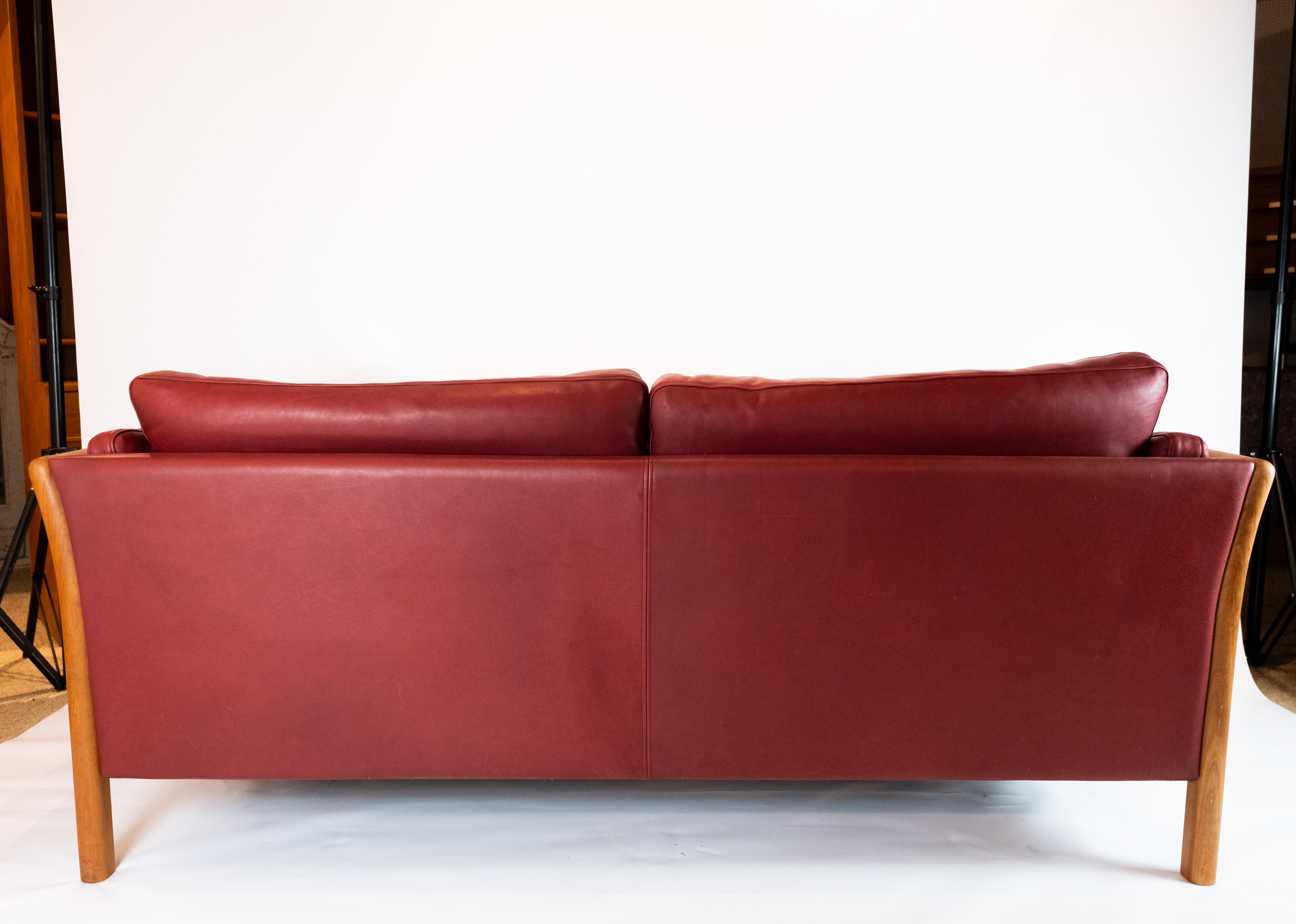 Two-Seat Sofa Upholstered with Indian Red Leather of Danish Design, 1960s 3