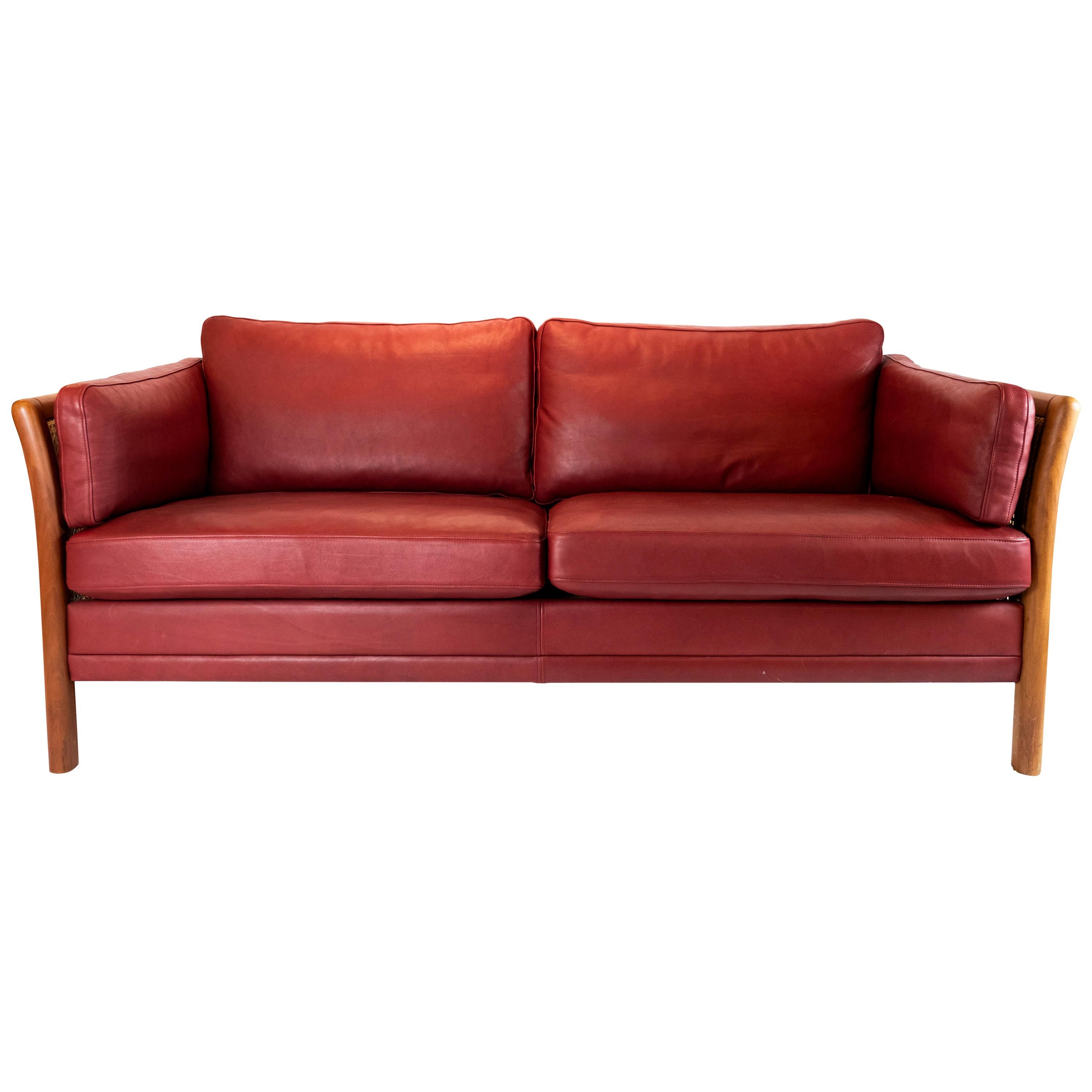 Two-Seat Sofa Upholstered with Indian Red Leather of Danish Design, 1960s